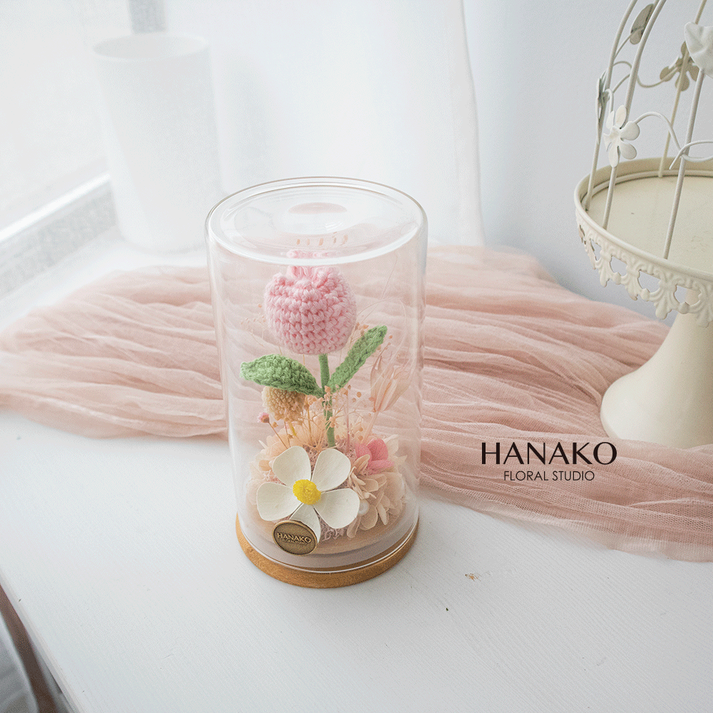 Crochet Tulip and Preserved Flower with Cloche