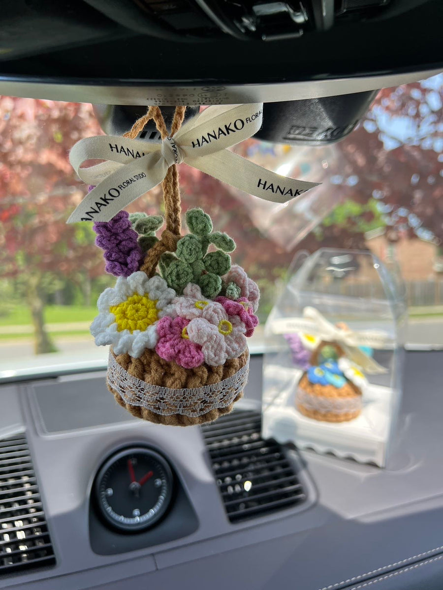 Mini Crochet Flower Basket Car Decor