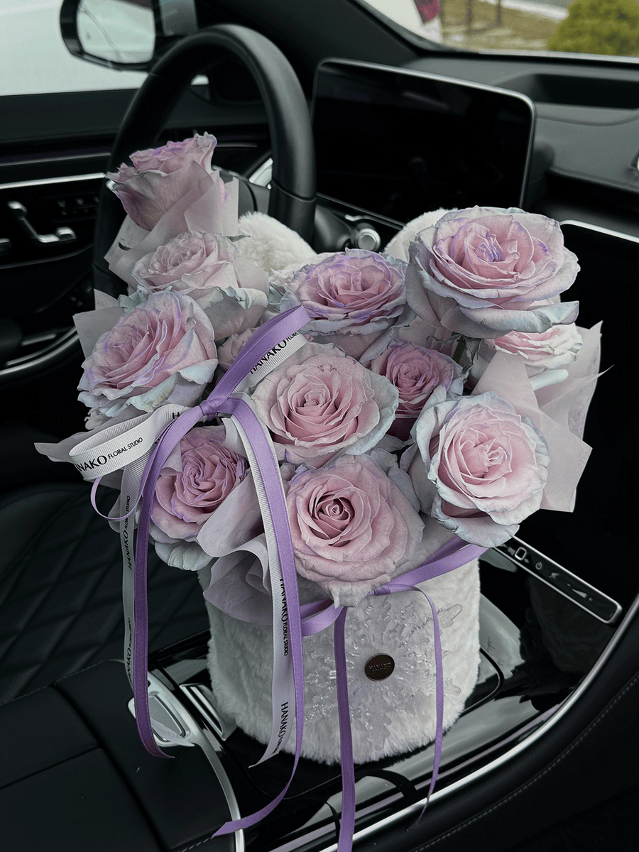 Vday Fluffy Bunny Ear Rose Hug Bucket- Blue Sand