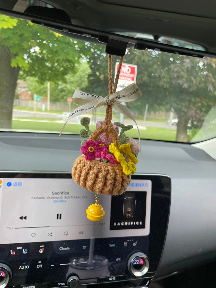 Mini Crochet Flower Basket Car Decor