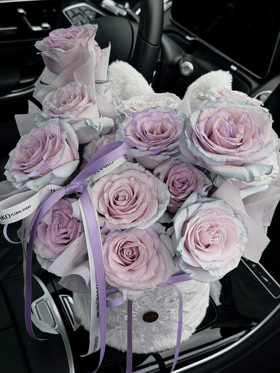 Vday Fluffy Bunny Ear Rose Hug Bucket- Blue Sand