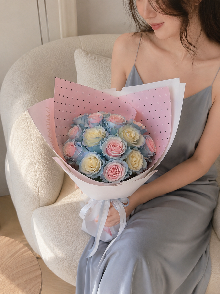 Qixi Romantic Two-Tone Rose Bouquet – Cereza & Baby Blue