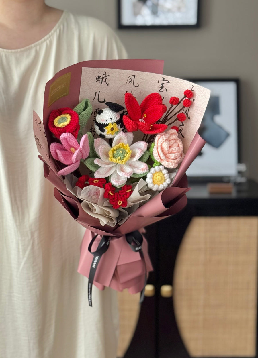 Oriental Lotus Crochet Panda Graduation Bouquet
