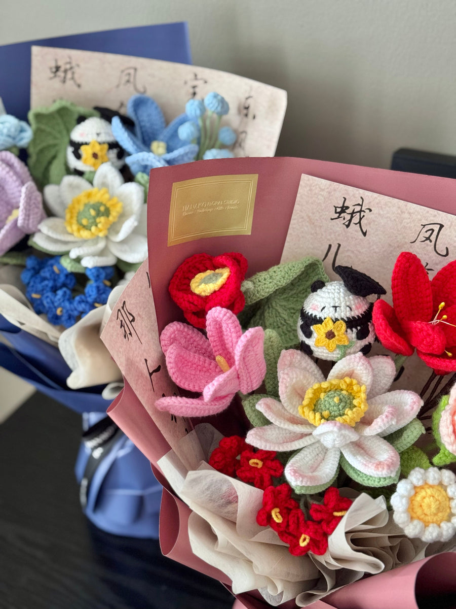 Oriental Lotus Crochet Panda Graduation Bouquet