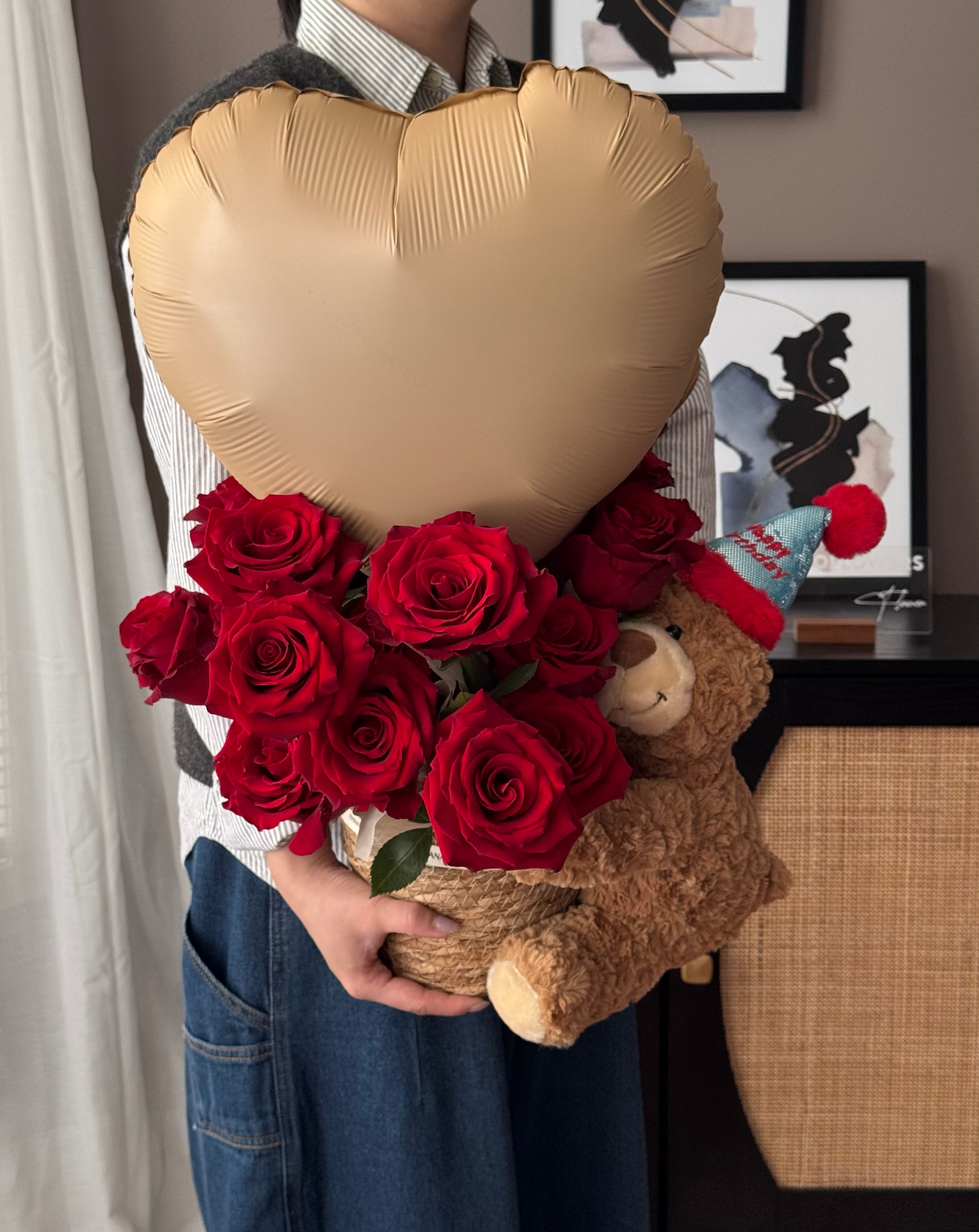 Birthday Bear Red Rose Hug Basket