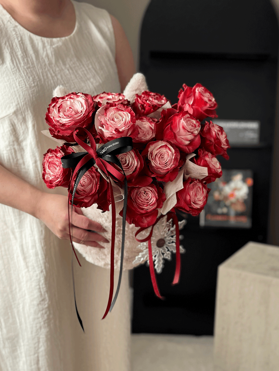 520 Fluffy Bunny Ear Rose Hug Bucket- Dusty Red