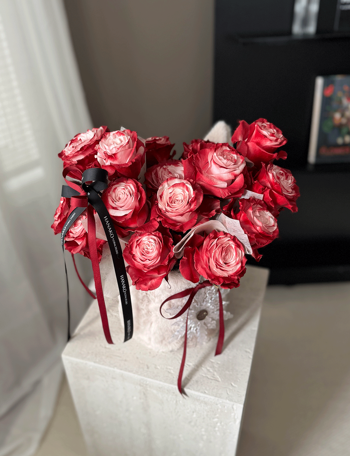 Fluffy Bunny Ear Rose Hug Bucket- Dusty Red (Pre-order, 5 Days in Advance)