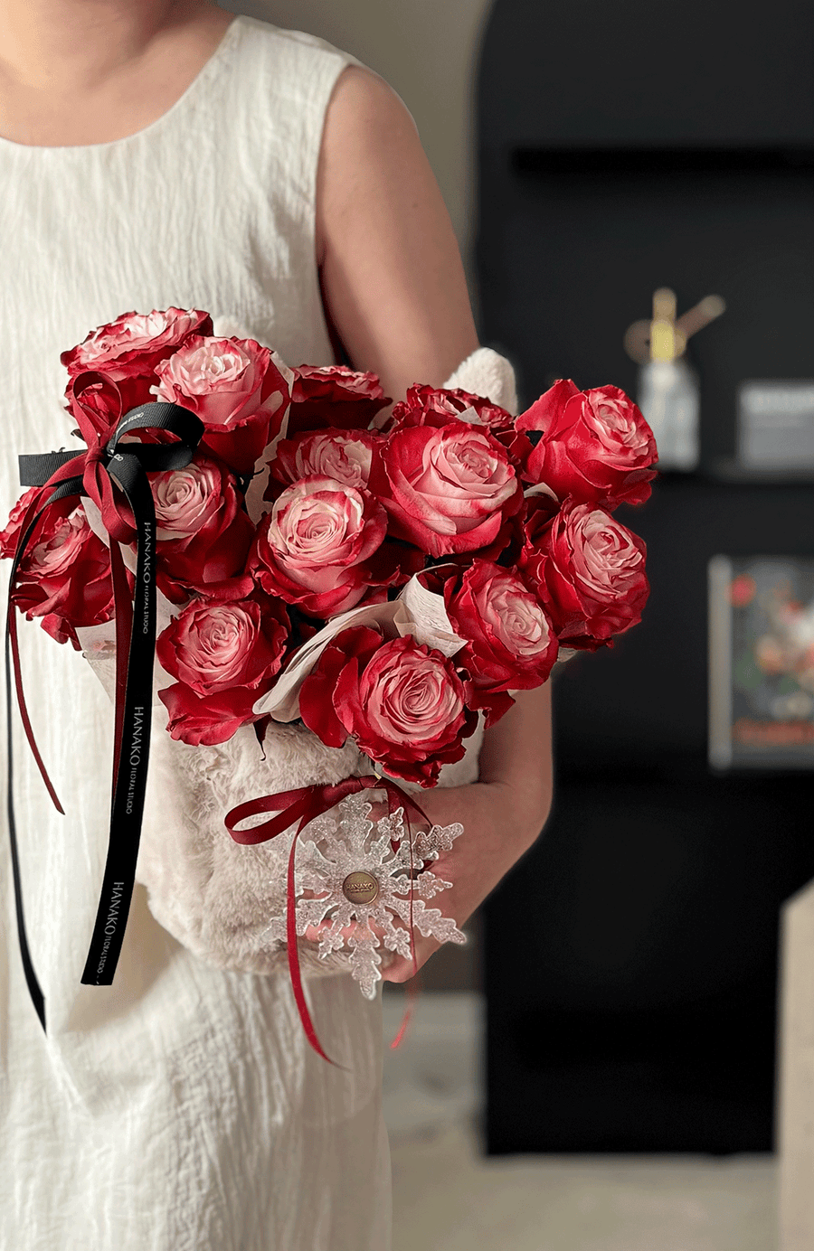 520 Fluffy Bunny Ear Rose Hug Bucket- Dusty Red