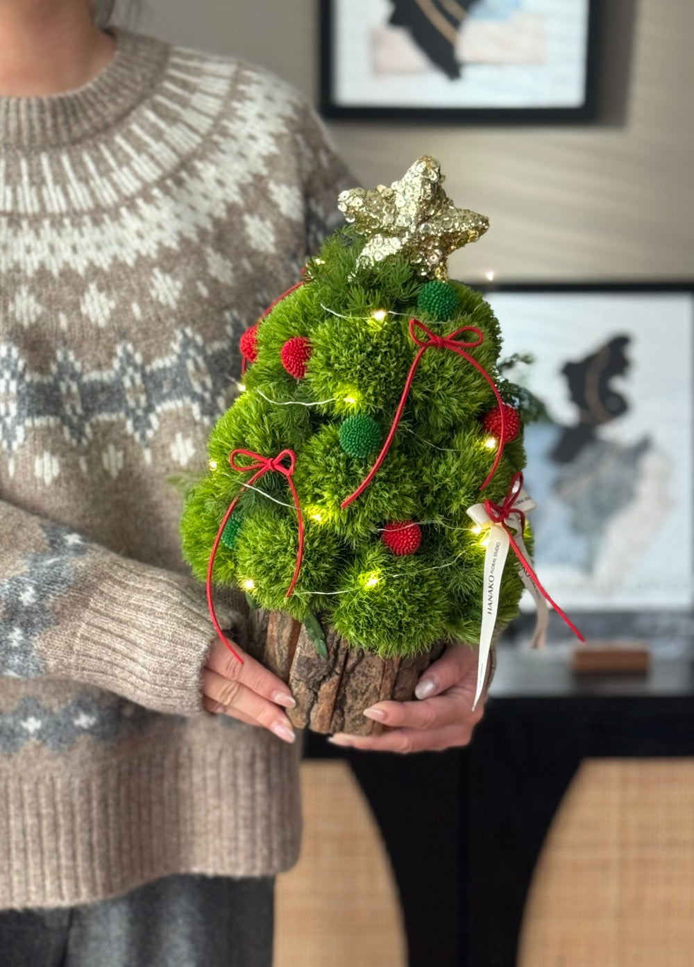Person holding a small moss Christmas tree with lights and decorations indoors.